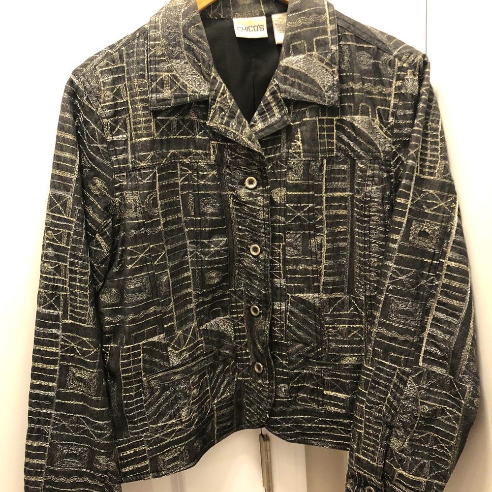 Chico's Jacket - Black/Dark Grey w/Metallic Thread Embellishment (Chic's Size 2)